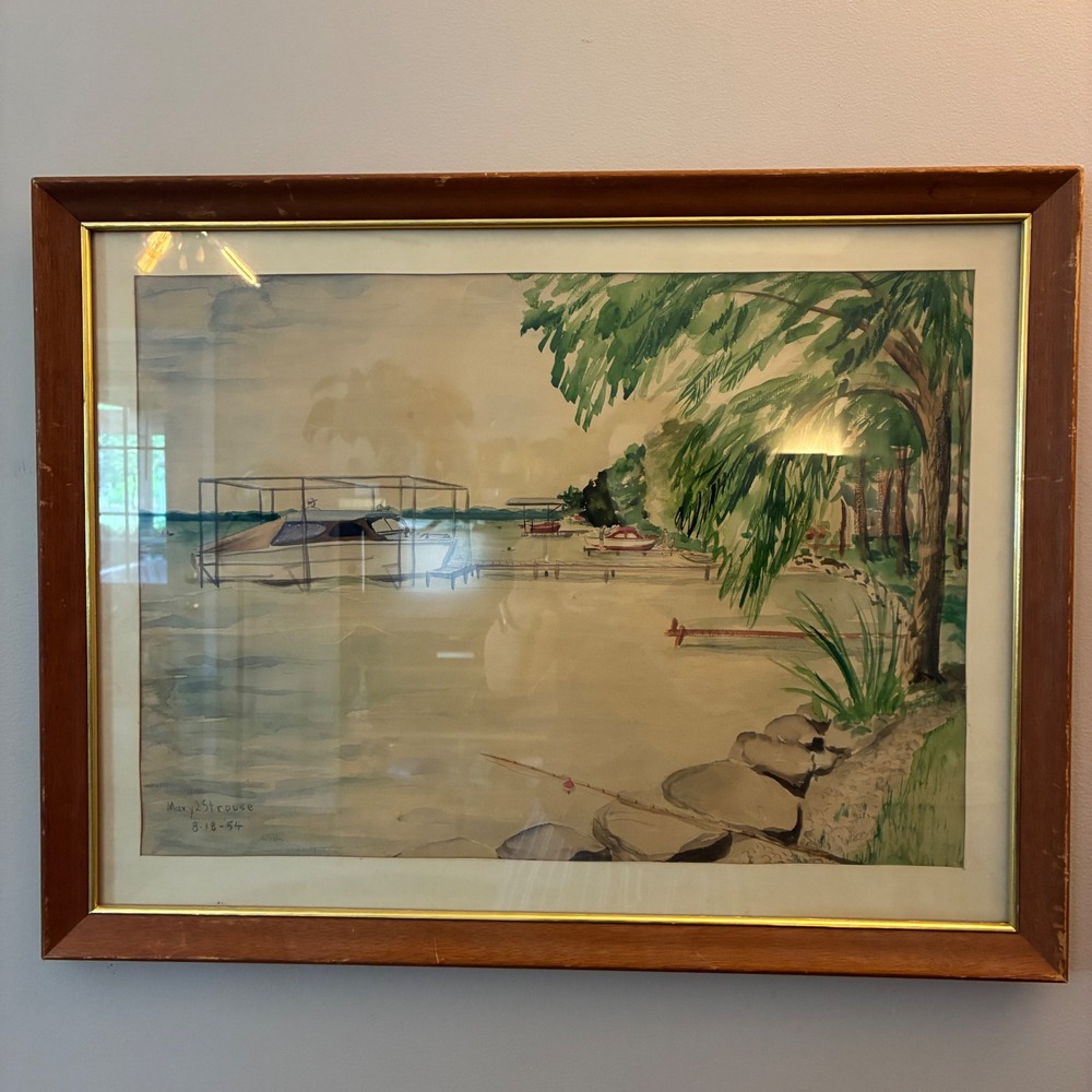 Original Watercolor Painting Lake Boats Mid Century 1954 Framed Mary O Strouse